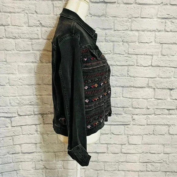 Topshop Embroidered Denim Jacket Jean Jacket Moto Washed Black Rough Edge - Picture 8 of 9